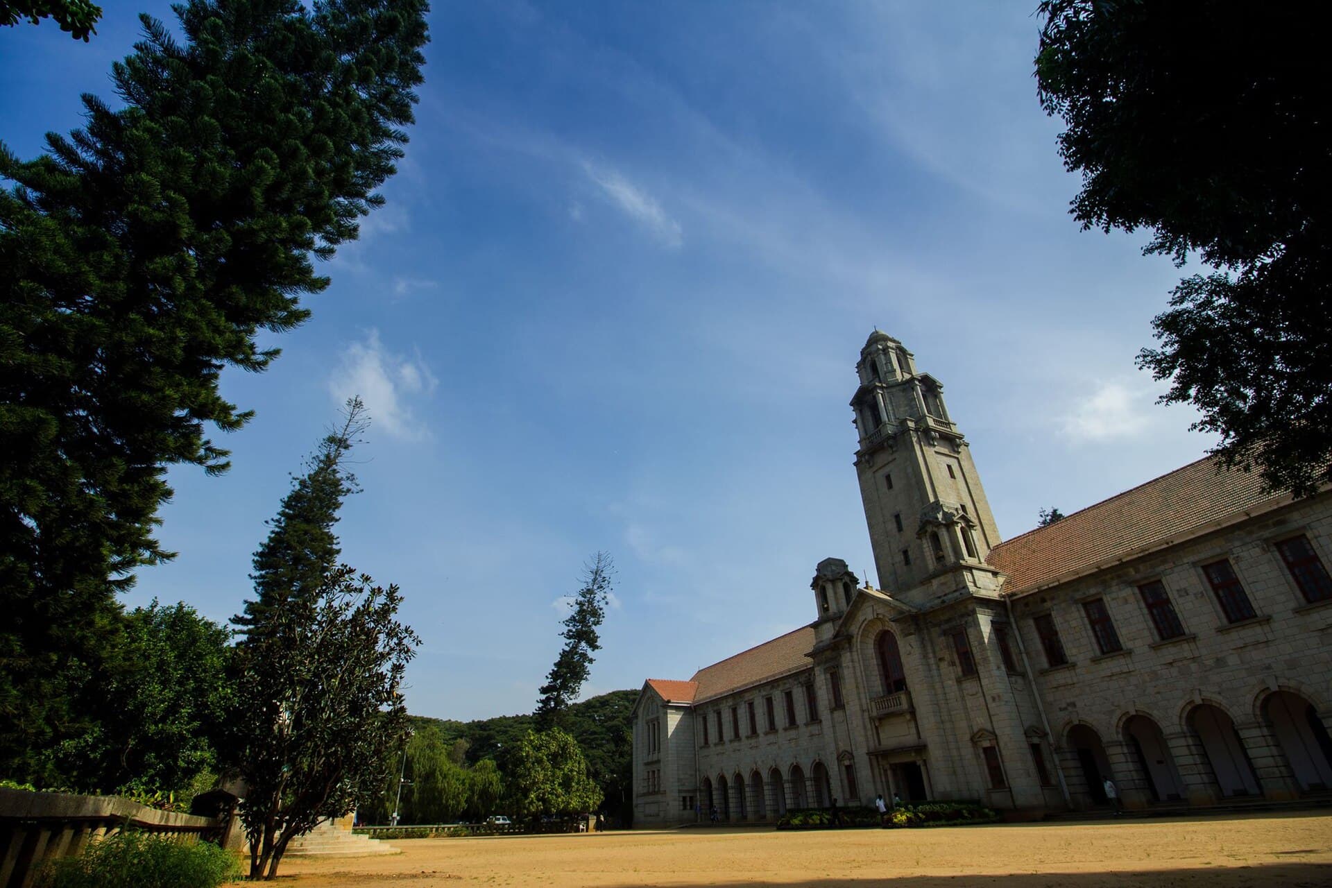 The main building and clock tower of the Indian Institute of Science in Bangalore