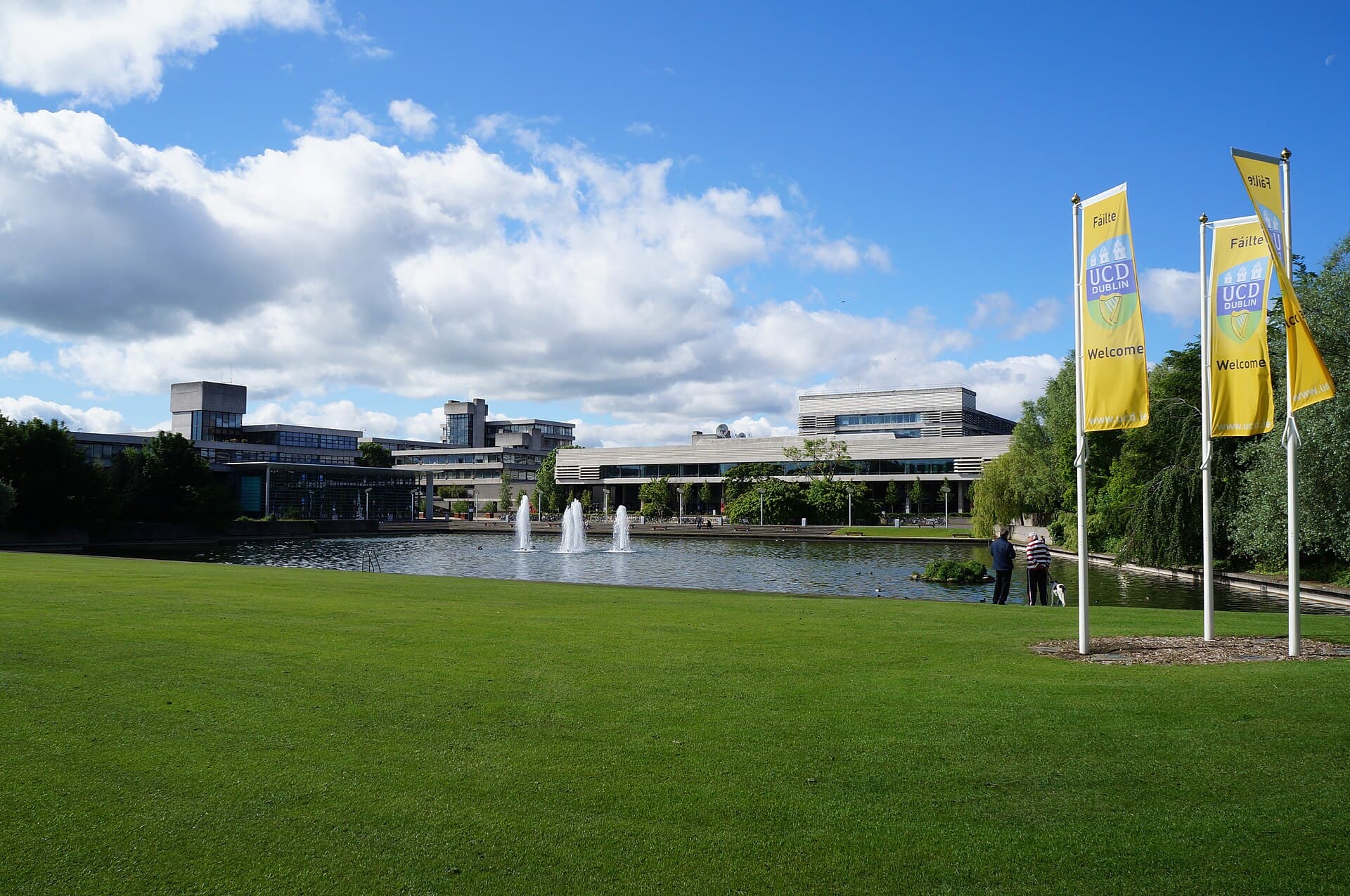 A university campus abroad with welcome banners