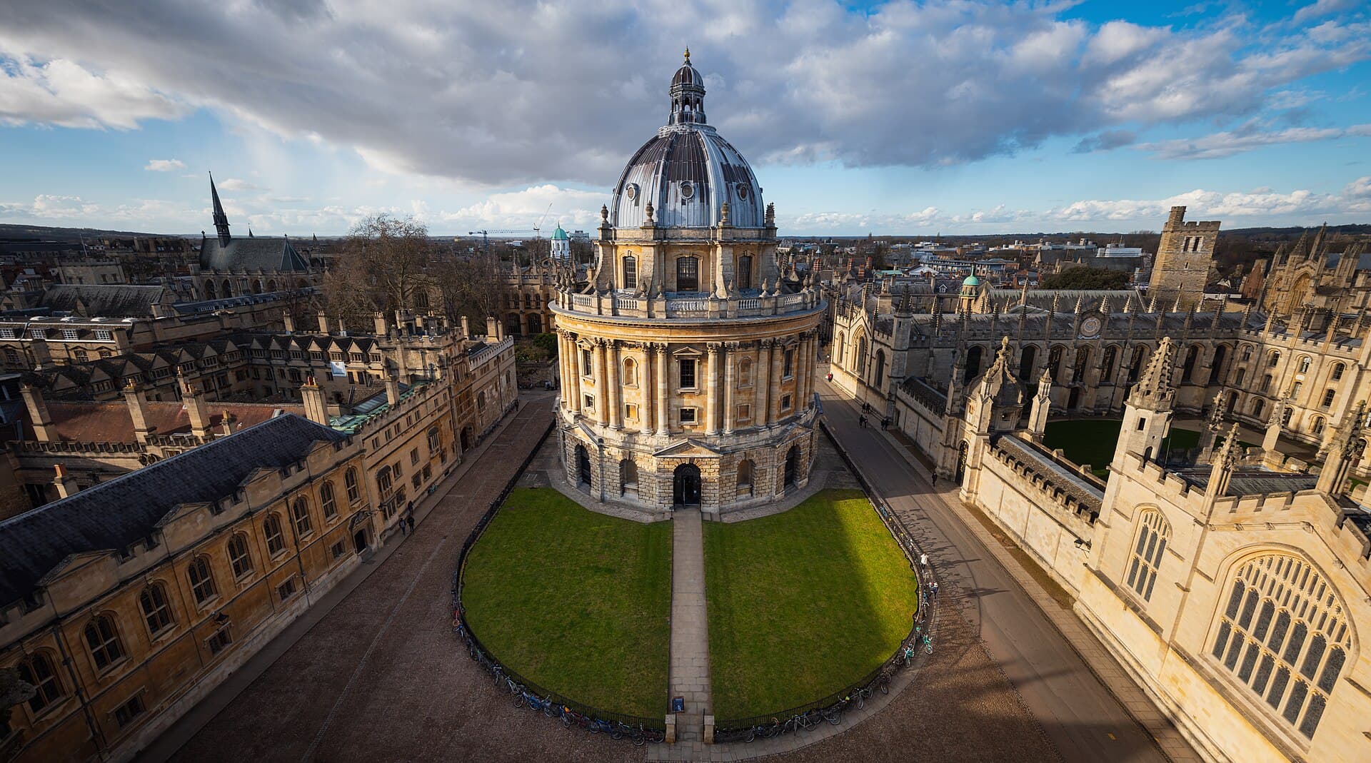 Aerial view of the Radcliffe Camera and the surrounding Oxford college rooftops